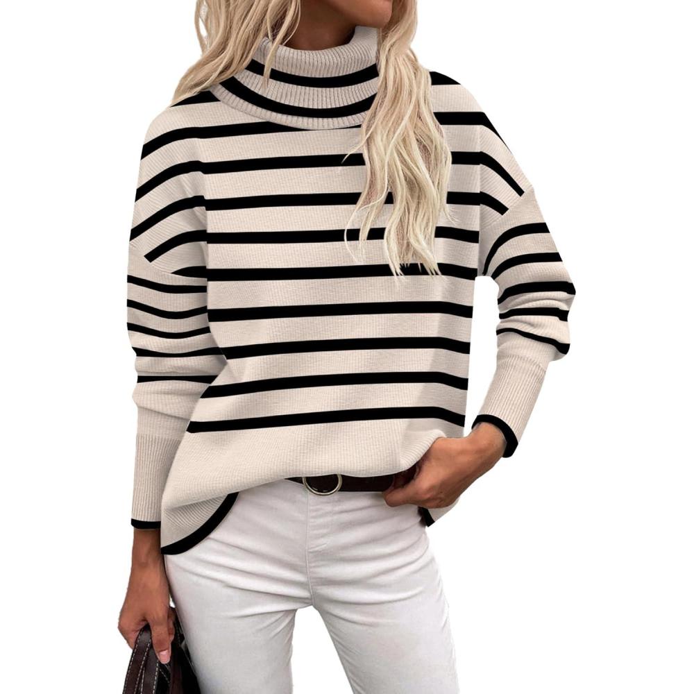 imageZeagoo Womens Turtleneck Sweater 2026 Fall Winter Chunky Knitted Pullover High Low Hem Trendy Basic Jumper TopStriped Beige