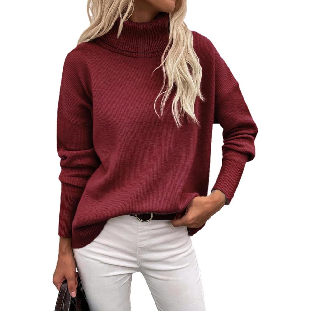 imageZeagoo Womens Turtleneck Sweater 2026 Fall Winter Chunky Knitted Pullover High Low Hem Trendy Basic Jumper TopWine Red