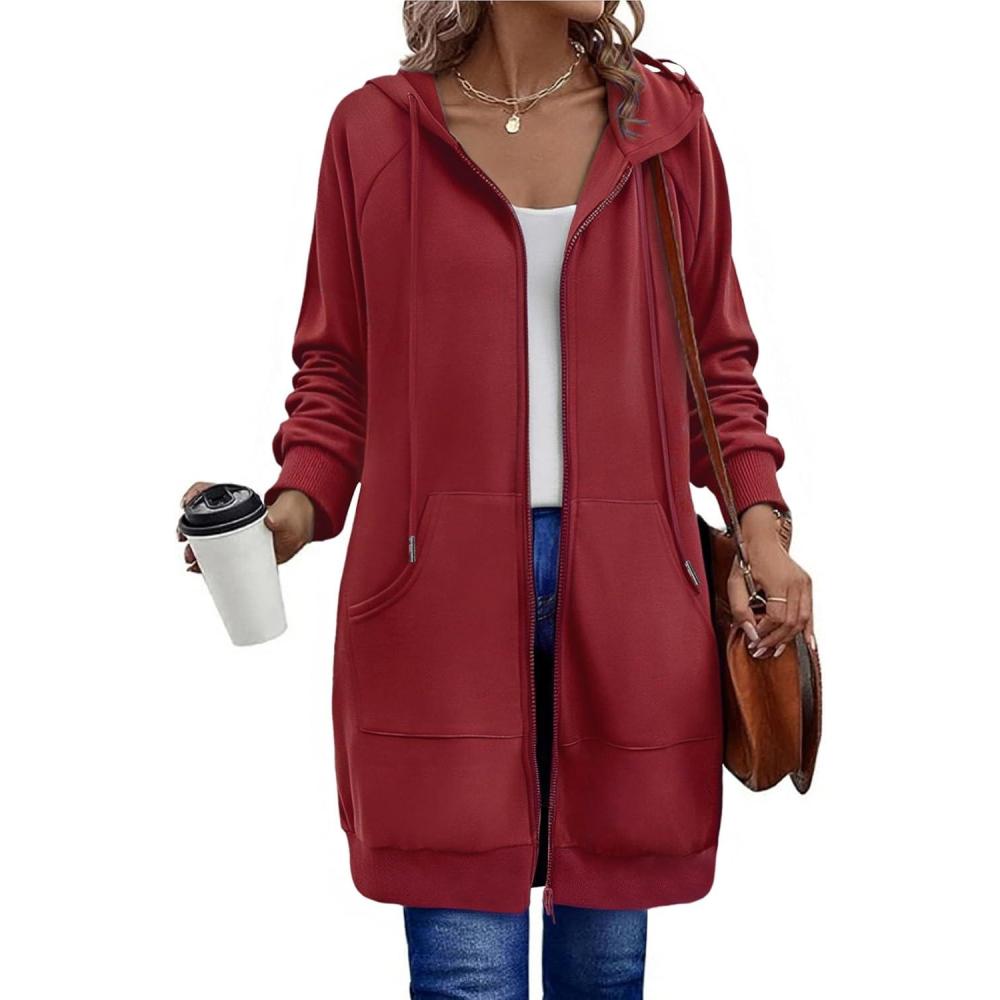 imageZeagoo Womens Zip Up Hoodies Long Sleeve Long Tunic Sweatshirts Oversized Fleece Casual 2025 Fall Jacket Coat with PocketRed