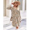 Zeagoo Fall Dresses for Women Long Sleeve Casual Pleated V Neck Dress 2025 A Line Tunic Dress(Light Khaki Floral)
