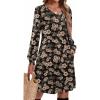 Zeagoo Fall Dresses for Women Long Sleeve Casual Pleated V Neck Dress 2025 A Line Tunic Dress(Black Floral 02)