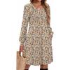 Zeagoo Fall Dresses for Women Long Sleeve Casual Pleated V Neck Dress 2025 A Line Tunic Dress(Light Khaki Floral)