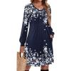 Zeagoo Fall Dresses for Women Long Sleeve Casual Pleated V Neck Dress 2025 A Line Tunic Dress(Navy Printed)