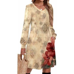 Zeagoo Fall Dresses for Women Long Sleeve Casual Pleated V Neck Dress 2025 A Line Tunic Dress(Beige Floral)