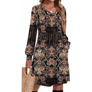 Zeagoo Fall Dresses for Women Long Sleeve Casual Pleated V Neck Dress 2025 A Line Tunic Dress(Black Printed)