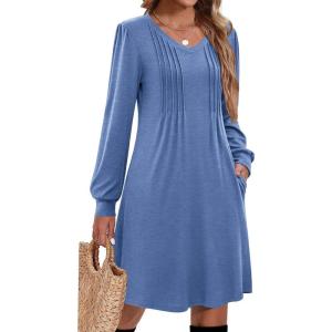 Zeagoo Fall Dresses for Women Long Sleeve Casual Pleated V Neck Dress 2025 A Line Tunic Dress(Blue)