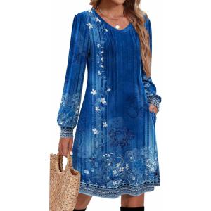 Zeagoo Fall Dresses for Women Long Sleeve Casual Pleated V Neck Dress 2025 A Line Tunic Dress(Blue Floral)