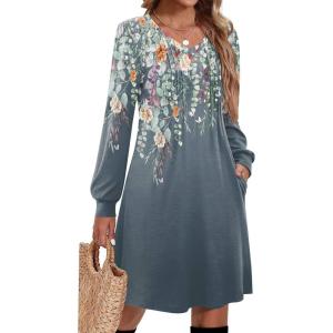 Zeagoo Fall Dresses for Women Long Sleeve Casual Pleated V Neck Dress 2025 A Line Tunic Dress(Blue Green Floral)