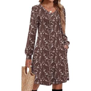 Zeagoo Fall Dresses for Women Long Sleeve Casual Pleated V Neck Dress 2025 A Line Tunic Dress(Brown Floral)