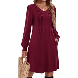 Zeagoo Fall Dresses for Women Long Sleeve Casual Pleated V Neck Dress 2025 A Line Tunic Dress(Burgundy)