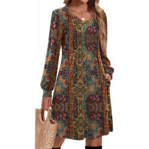 Zeagoo Fall Dresses for Women Long Sleeve Casual Pleated V Neck Dress 2025 A Line Tunic Dress(Chic Printed)