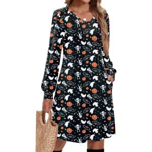 Zeagoo Fall Dresses for Women Long Sleeve Casual Pleated V Neck Dress 2025 A Line Tunic Dress(Halloween Print)