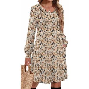 Zeagoo Fall Dresses for Women Long Sleeve Casual Pleated V Neck Dress 2025 A Line Tunic Dress(Light Khaki Floral)