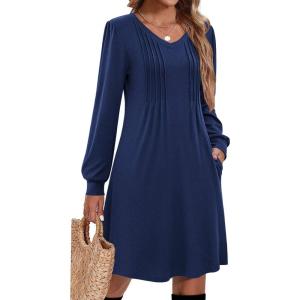 Zeagoo Fall Dresses for Women Long Sleeve Casual Pleated V Neck Dress 2025 A Line Tunic Dress(Navy)