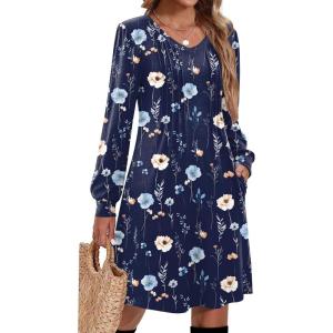 Zeagoo Fall Dresses for Women Long Sleeve Casual Pleated V Neck Dress 2025 A Line Tunic Dress(Navy Floral)