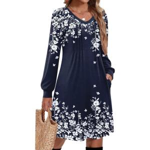 Zeagoo Fall Dresses for Women Long Sleeve Casual Pleated V Neck Dress 2025 A Line Tunic Dress(Navy Printed)