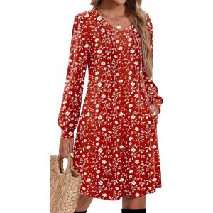 Zeagoo Fall Dresses for Women Long Sleeve Casual Pleated V Neck Dress 2025 A Line Tunic Dress(Red Floral)
