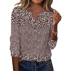 Zeagoo Long Sleeve Shirts for Women Casual V Neck Fall Tops Dressy Summer Work Blouses Clothes(Floral Brown)