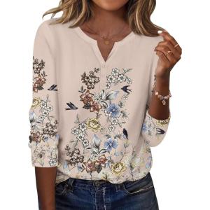 Zeagoo Long Sleeve Shirts for Women Casual V Neck Fall Tops Dressy Summer Work Blouses Clothes(Floral Champagne)