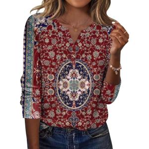 Zeagoo Long Sleeve Shirts for Women Casual V Neck Fall Tops Dressy Summer Work Blouses Clothes(Floral Red)