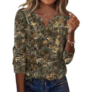 Zeagoo Long Sleeve Shirts for Women Casual V Neck Fall Tops Dressy Summer Work Blouses Clothes(Leaves Print)