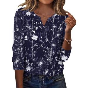 Zeagoo Long Sleeve Shirts for Women Casual V Neck Fall Tops Dressy Summer Work Blouses Clothes(Navy Floral 180)