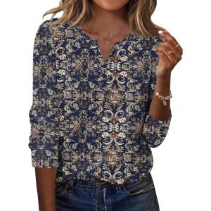 Zeagoo Long Sleeve Shirts for Women Casual V Neck Fall Tops Dressy Summer Work Blouses Clothes(Navy Floral 869)