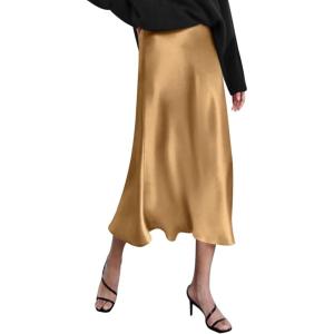 Zeagoo Skirts for Women High Waist Skirt Elegant Midi Skirt Satin(Khaki)
