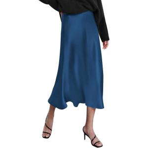 Zeagoo Skirts for Women High Waist Skirt Elegant Midi Skirt Satin(Royal Blue)