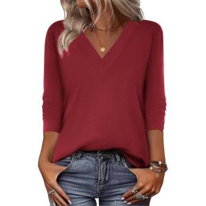 Zeagoo Women Long Sleeve Tops Dressy Casual V Neck Tshirts Basics Tee 2025 Fall Trendy Clothes S-2XL(Der)