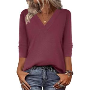 Zeagoo Women Long Sleeve Tops Dressy Casual V Neck Tshirts Basics Tee 2025 Fall Trendy Clothes S-2XL(Wine Red)