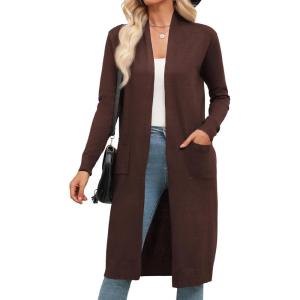 Zeagoo Women’s Long Cardigan Sweaters Lightweight Sweater Long Sleeve Open Front Casual Knit Duster Cardigans with Pocket(Brown)