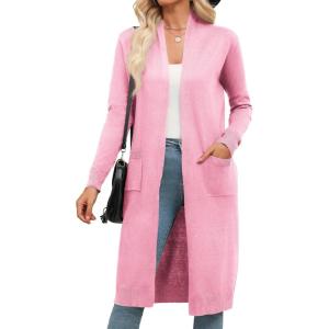 Zeagoo Women’s Long Cardigan Sweaters Lightweight Sweater Long Sleeve Open Front Casual Knit Duster Cardigans with Pocket(Pink)