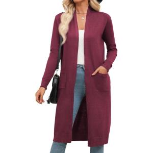 Zeagoo Women’s Long Cardigan Sweaters Lightweight Sweater Long Sleeve Open Front Casual Knit Duster Cardigans with Pocket(Wine Red)