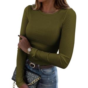 Zeagoo Womens Long Sleeve Stretch Crewneck Ribbed T-Shirt Slim Fit Casual Basic Tops S-XXL(Army Green)