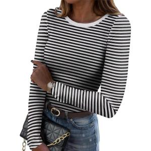 Zeagoo Womens Long Sleeve Stretch Crewneck Ribbed T-Shirt Slim Fit Casual Basic Tops S-XXL(Black Stripe)