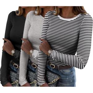 Zeagoo Womens Long Sleeve Stretch Crewneck Ribbed T-Shirt Slim Fit Casual Basic Tops S-XXL(Black+grey+black Stripe)