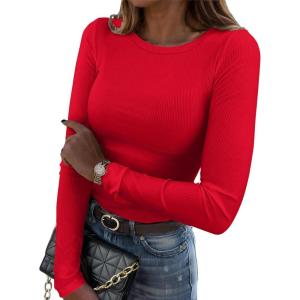 Zeagoo Womens Long Sleeve Stretch Crewneck Ribbed T-Shirt Slim Fit Casual Basic Tops S-XXL(Red)