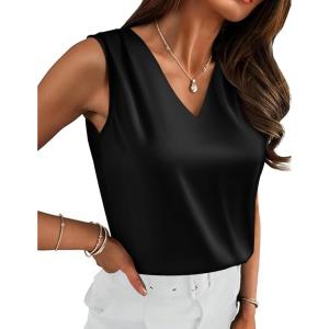 Zeagoo Women’s Silk Satin Camisole Tank Tops V Neck Pleated Dressy Casual Sleeveless Blouses Summer Business Work Shirts(Black)