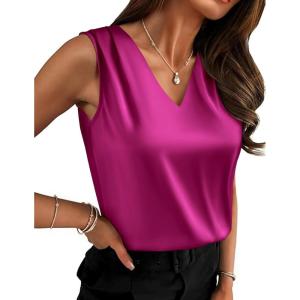 Zeagoo Women’s Silk Satin Camisole Tank Tops V Neck Pleated Dressy Casual Sleeveless Blouses Summer Business Work Shirts(Rose Red)