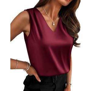 Zeagoo Women’s Silk Satin Camisole Tank Tops V Neck Pleated Dressy Casual Sleeveless Blouses Summer Business Work Shirts(Wine Red)