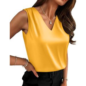 Zeagoo Women’s Silk Satin Camisole Tank Tops V Neck Pleated Dressy Casual Sleeveless Blouses Summer Business Work Shirts(Yellow)