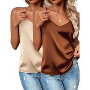 Zeagoo Women’s Silk Satin Tank Tops 2026 V Neck Adjustable Spaghetti Strap Sleeveless Camisole Summer Basic Blouse(2 Pack: Caramel+light Khaki)