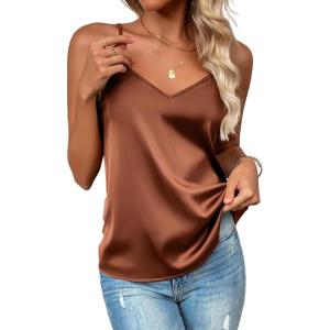 Zeagoo Women’s Silk Satin Tank Tops 2026 V Neck Adjustable Spaghetti Strap Sleeveless Camisole Summer Basic Blouse(Brown)