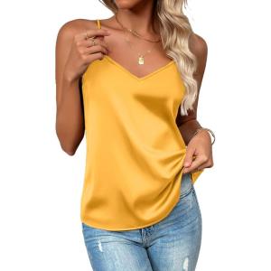 Zeagoo Women’s Silk Satin Tank Tops 2026 V Neck Adjustable Spaghetti Strap Sleeveless Camisole Summer Basic Blouse(Yellow)