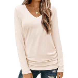 Zeagoo Womens T Shirts Long Sleeve V Neck Basic Tee Casual Loose Fit Soft Fall Tops Outfits 2026 S-XXL(Apricot)