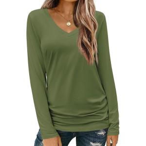 Zeagoo Womens T Shirts Long Sleeve V Neck Basic Tee Casual Loose Fit Soft Fall Tops Outfits 2026 S-XXL(Army Green)
