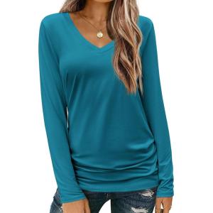 Zeagoo Womens T Shirts Long Sleeve V Neck Basic Tee Casual Loose Fit Soft Fall Tops Outfits 2026 S-XXL(Blue Green)