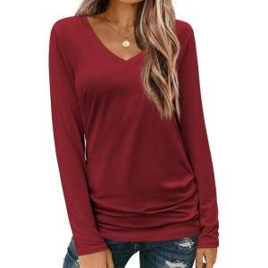 Zeagoo Womens T Shirts Long Sleeve V Neck Basic Tee Casual Loose Fit Soft Fall Tops Outfits 2026 S-XXL(Burgundy)