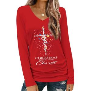 Zeagoo Womens T Shirts Long Sleeve V Neck Basic Tee Casual Loose Fit Soft Fall Tops Outfits 2026 S-XXL(Christmas Cross)